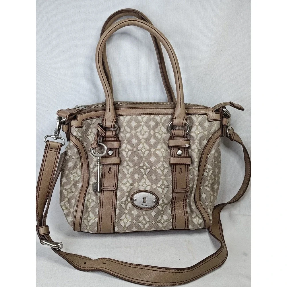 Fossil Maddox Signature Satchel Metallic Fabric Leather Shoulder Bag ZB5354 NWT